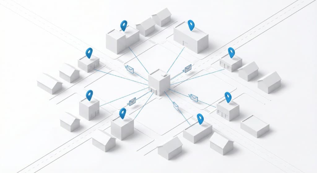 Isometric 3D illustration of a city grid with targeted location pins and mail delivery network