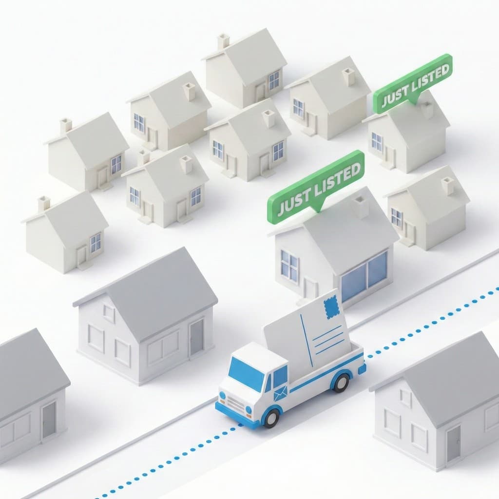 Isometric 3D illustration of a mail truck delivering to a just-listed house in a neighborhood