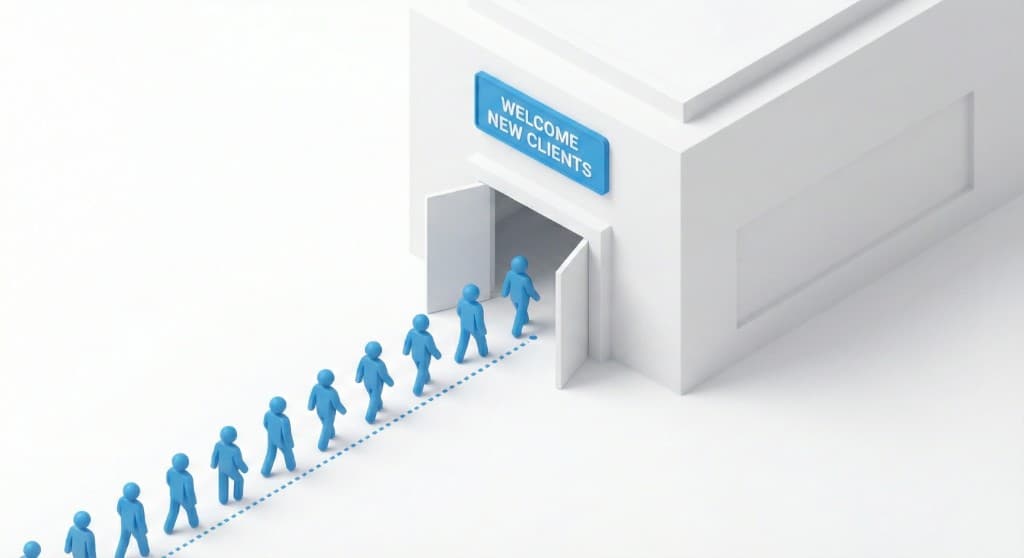Isometric 3D illustration of new clients walking into a business