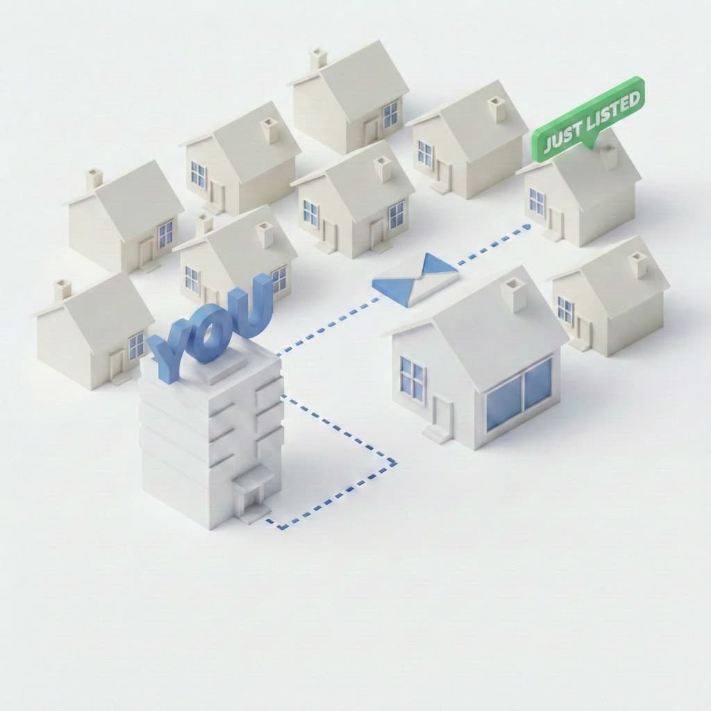 Isometric 3D illustration of a law office sending mail to a just-listed property