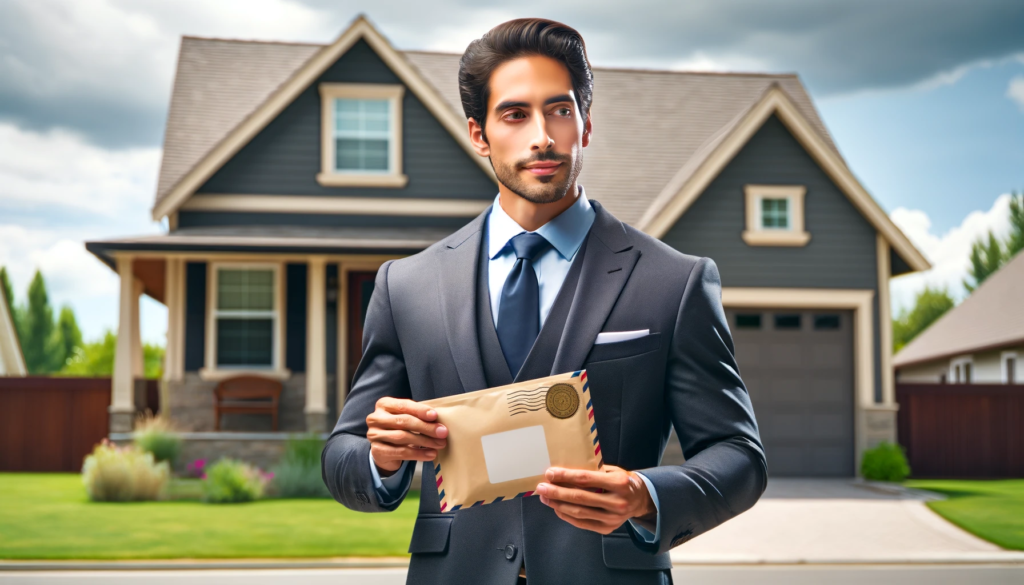 A man in a suit holding a sealed envelope standing in front of a home.